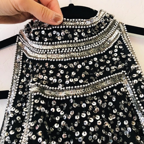 Vintage Sequin Beaded Bedazzled Choker Neck Silk Blouse Small - Picture 5 of 10